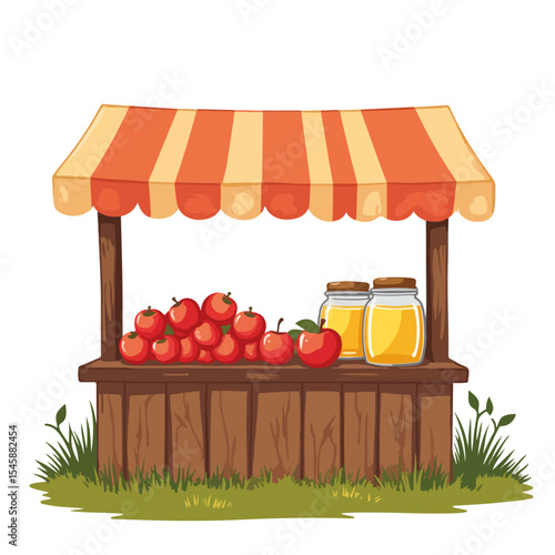 Farm stand with fresh apples, honey jars, and apple cider. Rustic wooden stall showcasing seasonal harvest produce: ripe red apples, sweet honey, and delicious apple cider.