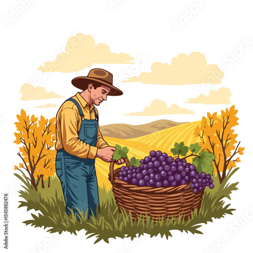 Farmer harvesting grapes under autumn sky.  Autumn harvest scene shows farmer gathering ripe grapes into basket.  Fall equinox imagery perfect for seasonal promotions and marketing campaigns.