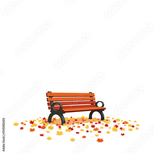 Park bench covered in autumn leaves. Red and yellow foliage surrounds park bench. Cozy autumn scene perfect for fall equinox greetings and autumnal announcements.