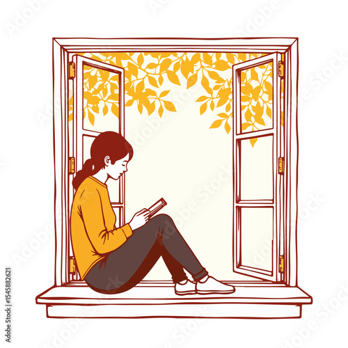 Woman reading book by window with autumn leaves outside. Cozy autumn scene depicts person enjoying fall season.  Person journaling by window, surrounded by warm autumn tones, perfect for fall equinox,