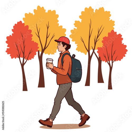 Person walking autumn park with coffee cup and backpack. Fall foliage colors surround person enjoying early fall nature. Cozy season stroll perfect for autumn equinox greeting card design.