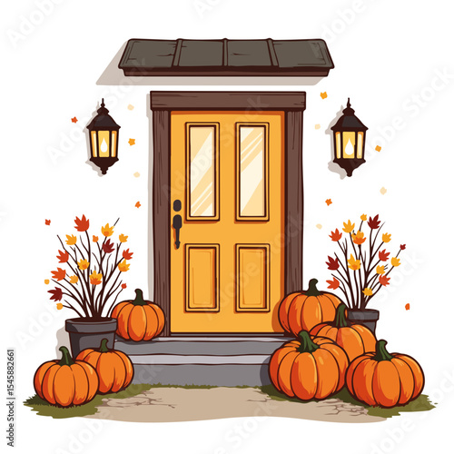 Fall porch decoration with pumpkins and lanterns. Autumn equinox display features orange pumpkins and glowing lanterns on front steps.