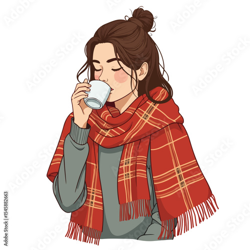 Cozy autumn morning with woman enjoying warm coffee outdoors. Person wrapped in plaid shawl sips hot beverage. Perfect image for fall season social media post, blog,