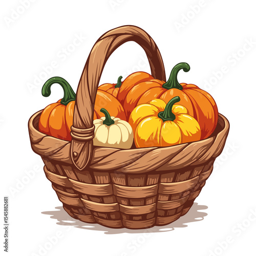 Rustic basket filled with gourds and decorative squash perfect for autumn equinox. Harvest basket brimming with small pumpkins and squash ready for fall.