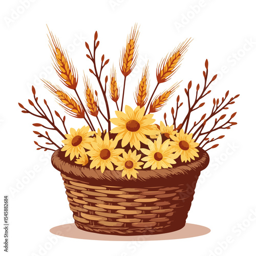 Rustic basket filled with dried flowers wheat and branches for autumn equinox celebrations.  This charming fall arrangement features sun-kissed daisies golden wheat stalks and delicate twigs.