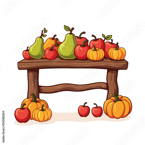 Wooden table with freshly picked apples pears and pumpkins. Autumn equinox harvest bounty of fall fruits and vegetables on rustic wood.