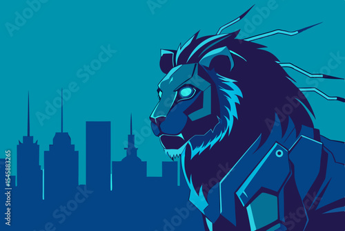 Stylish Cyber Lion with Glowing Pink Eyes in Metropolis