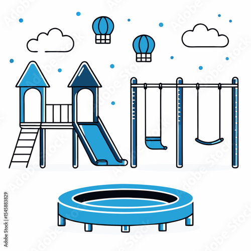Outdoor Kids Playground Park with Slide Swings and Trampoline Vector Illustration,

