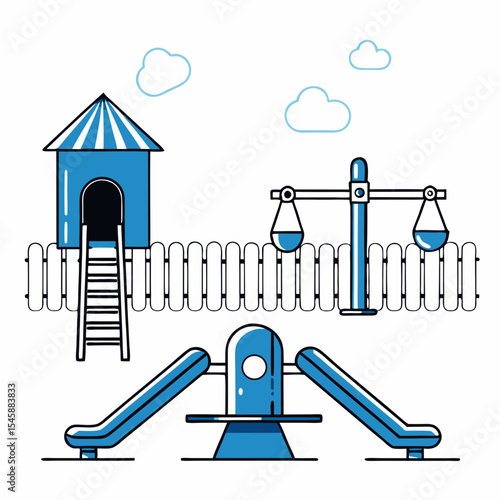 Outdoor Kids Playground Park with Slide Swings and Trampoline Vector Illustration,

