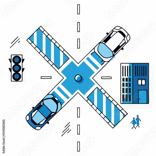 Urban Road Intersection with Traffic Lights Cars and Pedestrians Vector Illustration,

