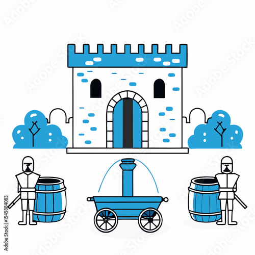 A vector illustration of a medieval castle with guards, barrels, and a cart, representing history, defense, or ancient times.

