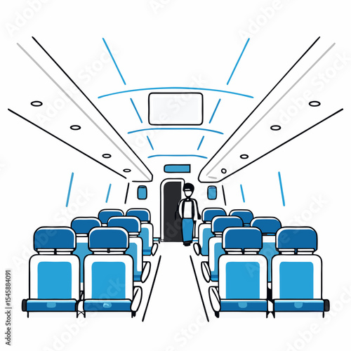 A vector illustration depicting the interior of an airplane cabin with seats and a passenger, representing air travel and transportation.

