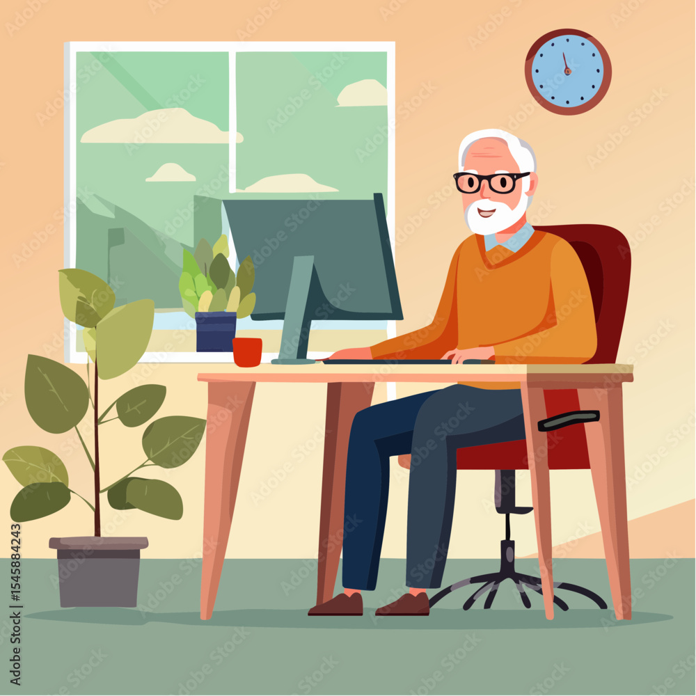 Fototapeta premium Senior man using computer at desk, vector illustration