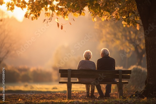An elderly couple sits together on a park bench under autumn trees, enjoying a peaceful sunset in a serene, natural setting