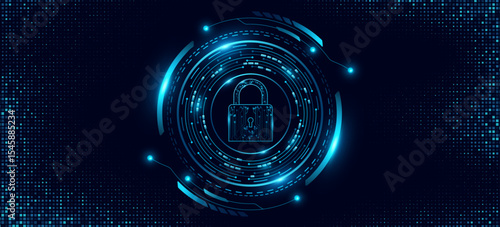 Cybersecurity background featuring a glowing digital lock icon with HUD circle and electronic elements around. Futuristic UI design for data encryption and information security. Vector illustration.