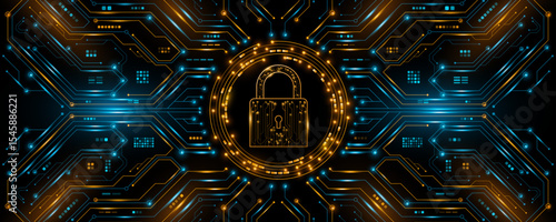 Futuristic cybersecurity background featuring a glowing digital lock icon with circuit board pattern and electronic elements. Tech UI design for data encryption and information security. Vector.