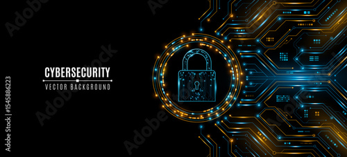 Cybersecurity background featuring a glowing digital lock icon with circuit board pattern and electronic elements. Futuristic UI design for data encryption and information security. Vector.