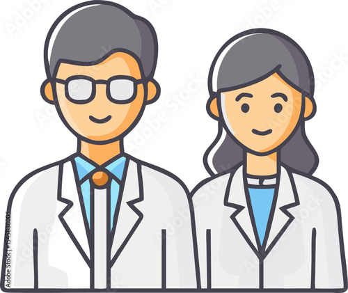 Male and Female Scientists with Lab Coats – Scientific Research, Laboratory Work, and Innovation Illustration
