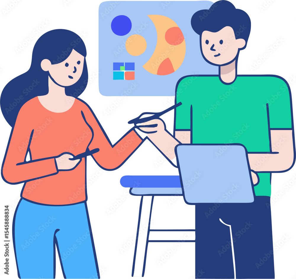 Obraz premium Man and Woman Designing on a Tablet – Creative Collaboration, Digital Art, and Modern Design Illustration 