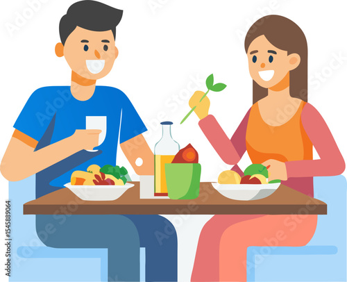 Man and Woman Eating Healthy Meals – Nutrition, Balanced Diet, and Healthy Lifestyle Illustration

