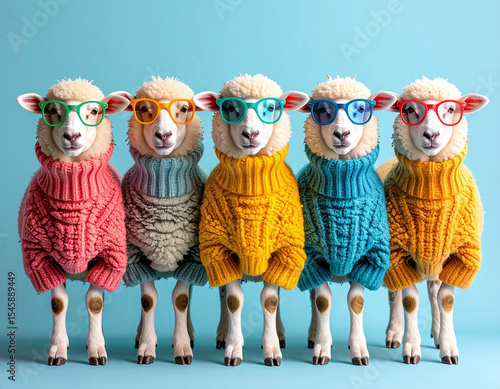 Colorful sheep wearing knitted sweaters in coordinated row against pastel blue background highlighting playful concept and charm