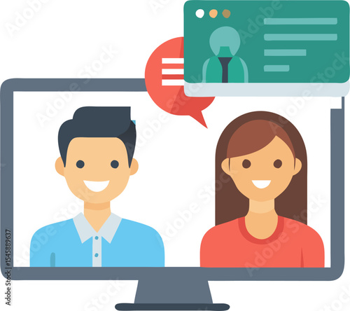 Man and Woman in a Video Conference Call – Remote Communication, Online Meeting, and Virtual Collaboration Illustration