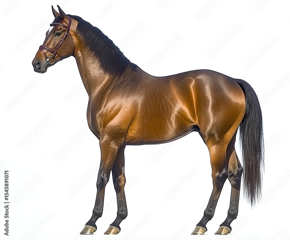 Fototapeta premium Beautiful brown Arabian stallion standing isolated on a white background