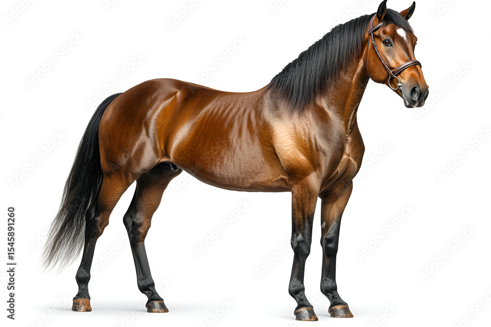 Fototapeta premium Beautiful brown Arabian stallion standing isolated on a white background