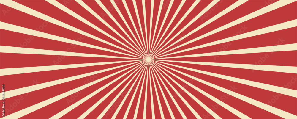 Fototapeta premium Red sunburst lines on yellow Background. Light sun rays pattern. Vintage stripes halftone radial wallpaper for poster, banner, advertising backdrop, comic or circus scene.