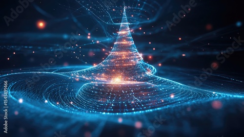 Modern tech Christmas tree glowing with blue lights and linked digital nodes on a vibrant blue backdrop showing holiday in digital future style