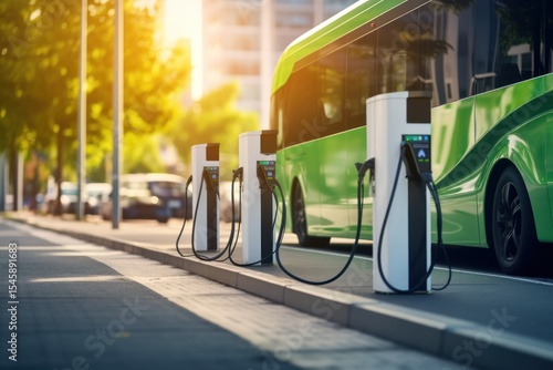 Electric Bus. Electric Vehicles . Urban public transport. Electric Car. Electric Vans Charging at Station. Eco-Friendly Transportation Concept with Copy Space. Clean Energy Mobility.	
