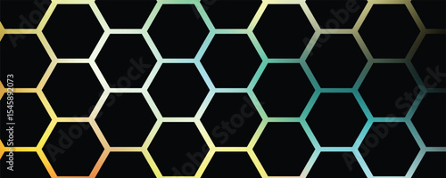 Dark hexagon abstract technology background with blue and pink colored bright flashes under hexagon. Hexagonal gaming vector abstract tech background.