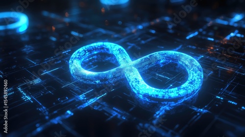 Infinity sign illuminated in bright blue within a digital high tech background symbolizing limitless potential in futuristic cyberspace