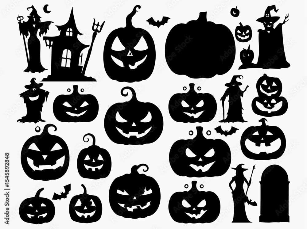 Halloween Silhouette Collection Pumpkins Witches Haunted House and Bats on White Background Halloween Silhouette Collection Pumpkins Witches Haunted House and Bats on White Background