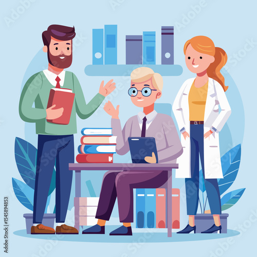 Professors Discussing Academic Topics – Higher Education, Research Collaboration, and Intellectual Exchange Illustration