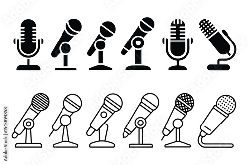 Modern Flat Icons of Recording Tools with Vintage Microphone Logos

