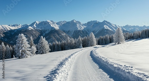 Snowy mountain trail through forest