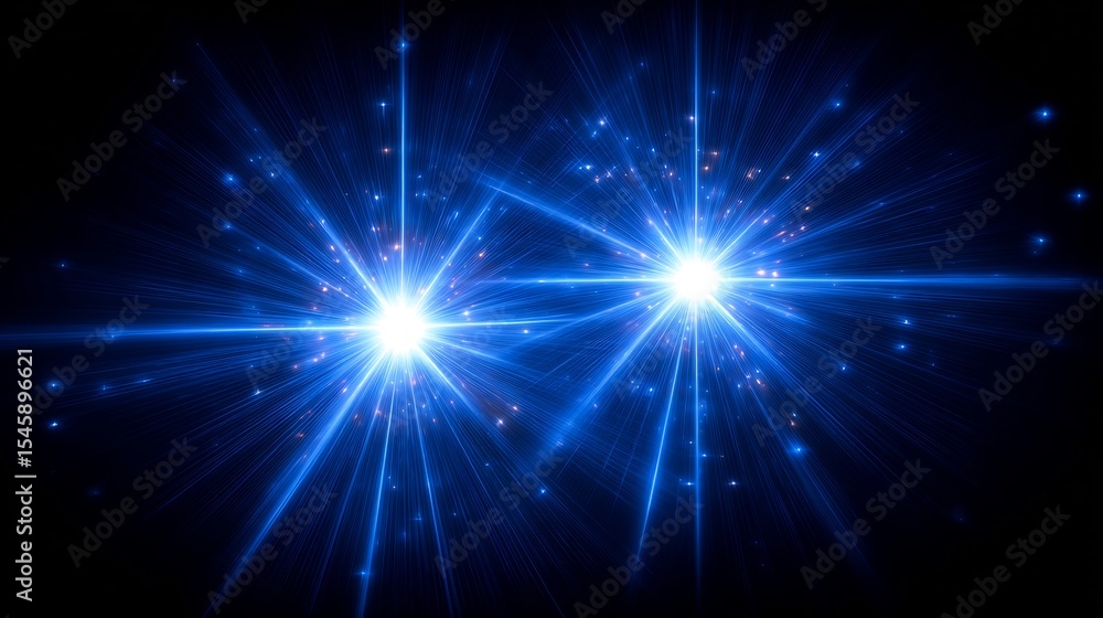 Fototapeta premium Two brilliant, radiating light sources against a dark background.