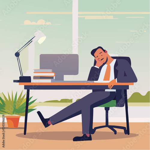 Tired businessman sleeping with feet up on desk