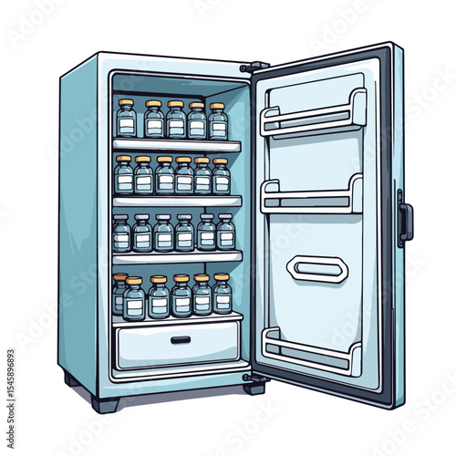 Vaccine storage fridge with labeled vials. Close-up of medical refrigerator filled with vaccine doses.