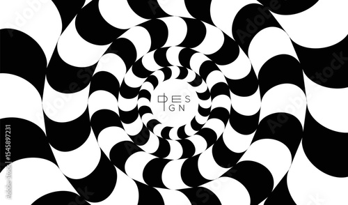 Pattern with optical illusion. Black and white design. Abstract striped background. Illustration for cover, card, postcard, interior design, banner, poster, brochure or presentation.