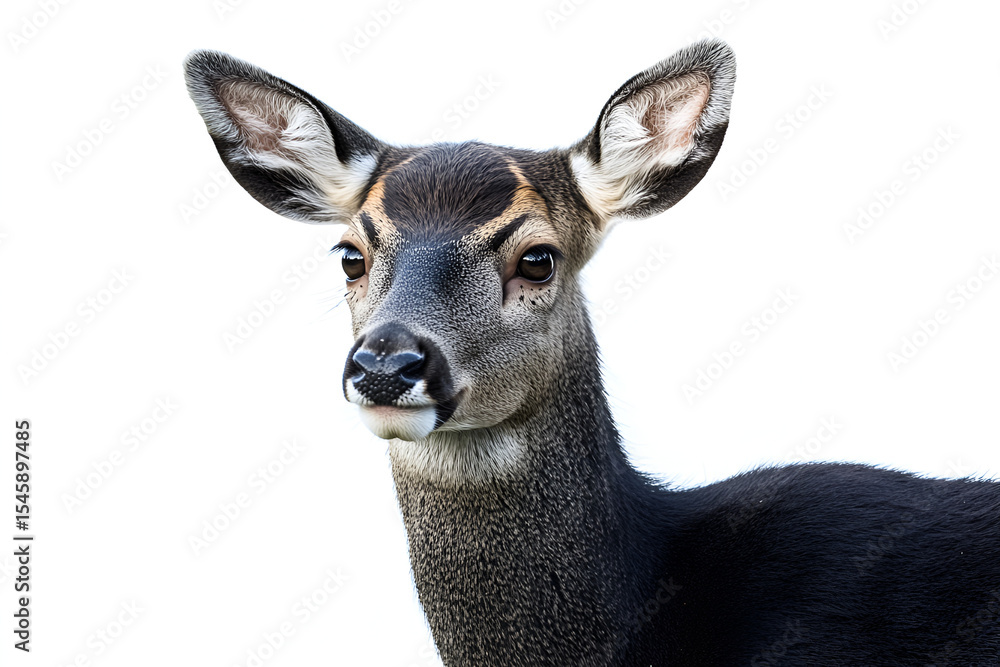 Fototapeta premium Young wild deer mammal with antlers, horns, and brown fur, isolated on a white background