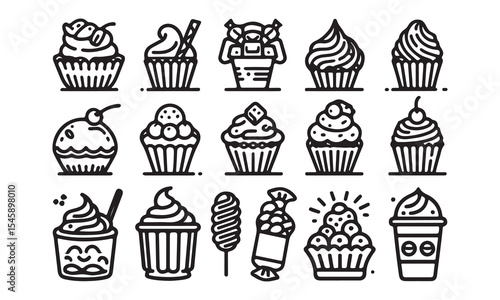  Sweets, Candy and Desserts Icon set line art silhouette vector illustration