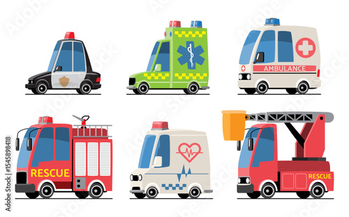 Emergency vehicles set cartoon illustration . Included police car, volunteer rescue vehicle, ambulance, fire truck and crane truck . Flat design . Isolate on white background . Vector .