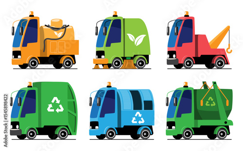 Waste Management Vehicles or Garbage Truck set cartoon illustration . Flat design . Isolate on white background . Vector .