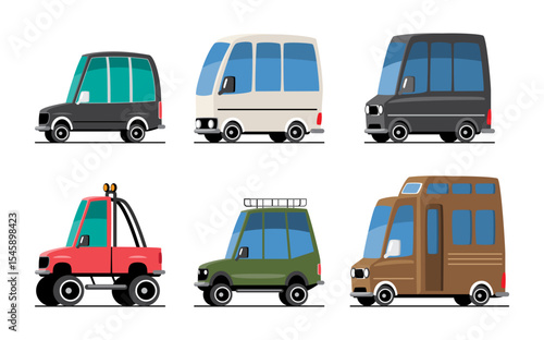 Personal Cars set cartoon illustration included van, minivan, SUV car, off-road vehicle and motorhome . Flat design . Isolate on white background . Vector .