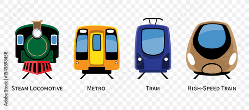 Train types vehicles set cartoon illustration . Included stream locomotive, metro, tram, high-speed train . Flat design . Isolate on white background . Vector .