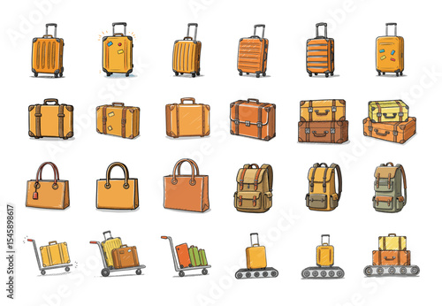 Hand-drawn vector icon set featuring travel luggage, suitcases, handbags, backpacks, baggage carts, and conveyor belts, perfect for travel, adventure, or vacation-themed designs.