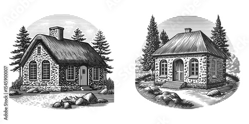 Vintage Style Illustrations of Rustic Houses Surrounded by Nature