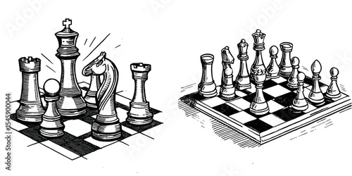Chess Game Graphic with Pieces on Board and Artistic Elements